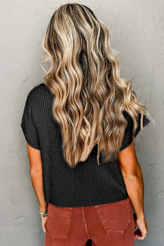 Black Patch Pocket Ribbed Knit Short Sleeve Sweater - Chic Meadow Boutique