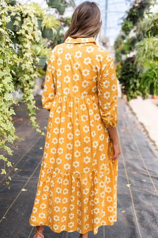 Dresses/Maxi Dresses Yellow Flower Print Bracelet Sleeve Buttons Collared Maxi Dress
