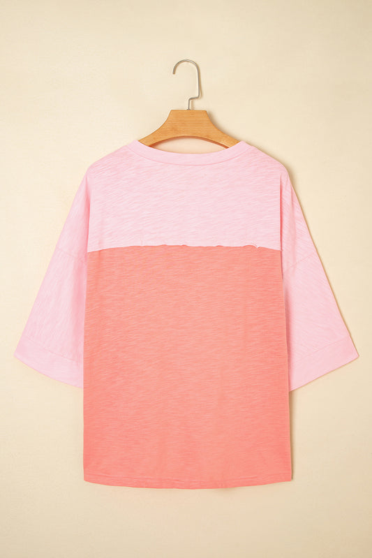 Pink Flower Patched Exposed Seam Bracelet Sleeve Oversized T Shirt