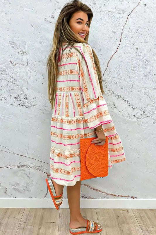 Dresses/Mini Dresses Orange Bohemian Printed Bracelet Sleeve Slit Neck Ruffled Loose Dress