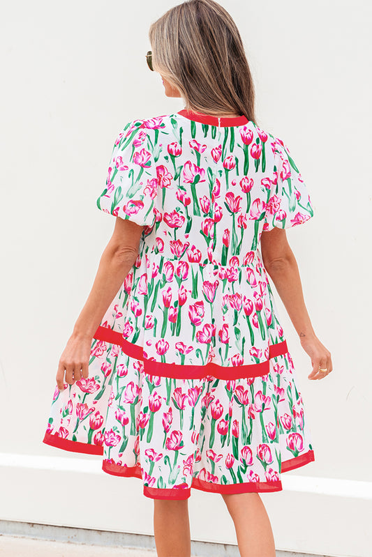 Pink Floral Print Contrast Trim V Neck Bubble Short Sleeve Babydoll Dress