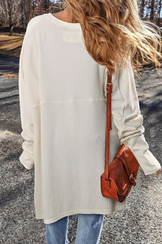 Tops/Long Sleeve Tops White Waffle Knit Exposed Seam V Neck Oversized Top