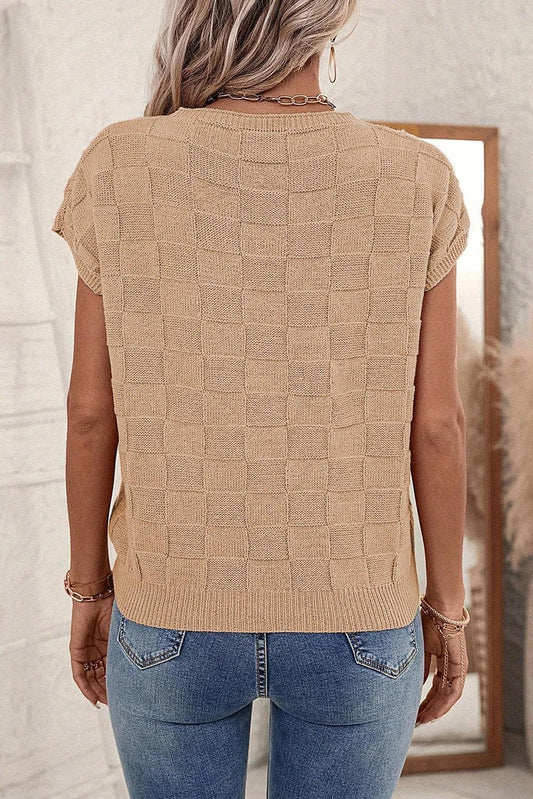 Tops/Short Sleeve Sweaters Smoke Gray Lattice Textured Knit Short Sleeve Sweater