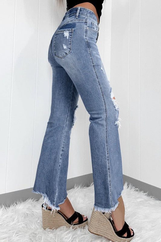 Dusk Blue High Rise Ripped Distressed Hem Flared Jeans - Chic Meadow Boutique