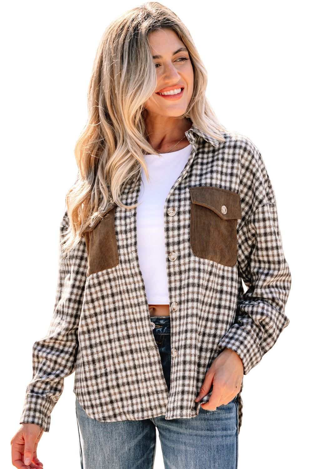 Casual Contrast Corduroy Flap Pocket Patchwork Plaid Shacket
