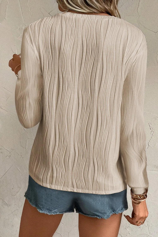 Tops/Long Sleeve Tops Apricot Textured Wavy Round Neck Long Sleeve Top