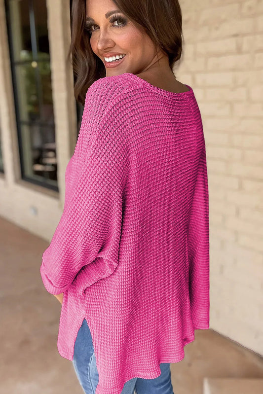Rose Red Waffle Knit Side Slits Loose Fit V Neck Top - Chic Meadow Boutique