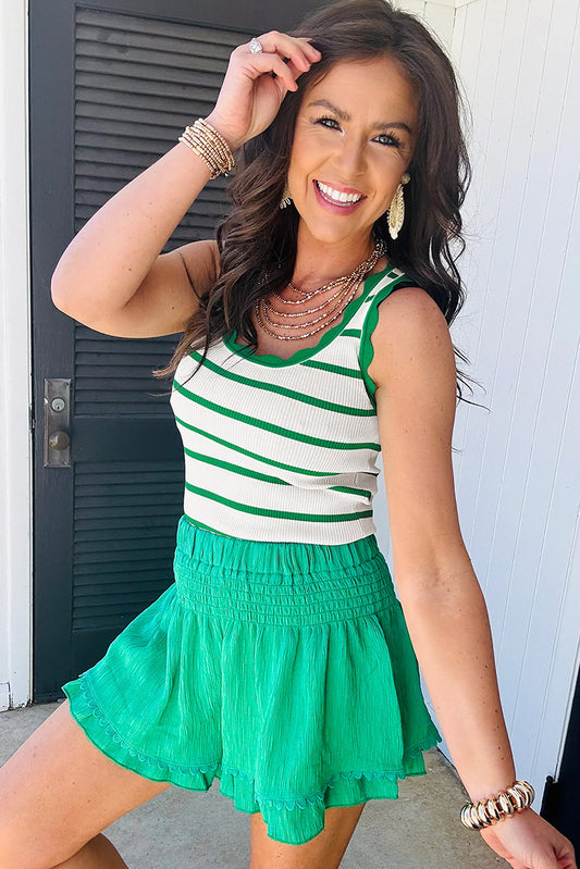 Bright Green Striped Scalloped Edge U Neck Sleeveless Sweater Vest