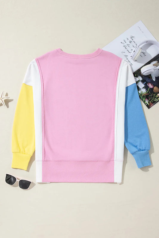 Bonbon Color Block Exposed Seam Side Slits Crewneck Sweatshirt - Chic Meadow Boutique