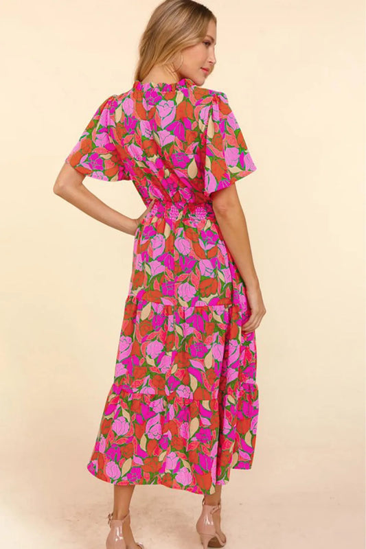 Rose Floral Short Sleeve Smocked Waist Maxi dress - Chic Meadow Boutique
