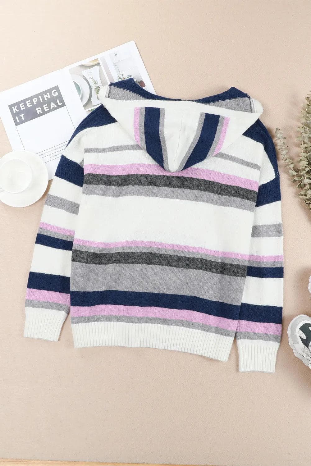 Plus Size/Plus Size Sweaters & Cardigans Stripe Plus Size Striped Hooded Knit Sweater
