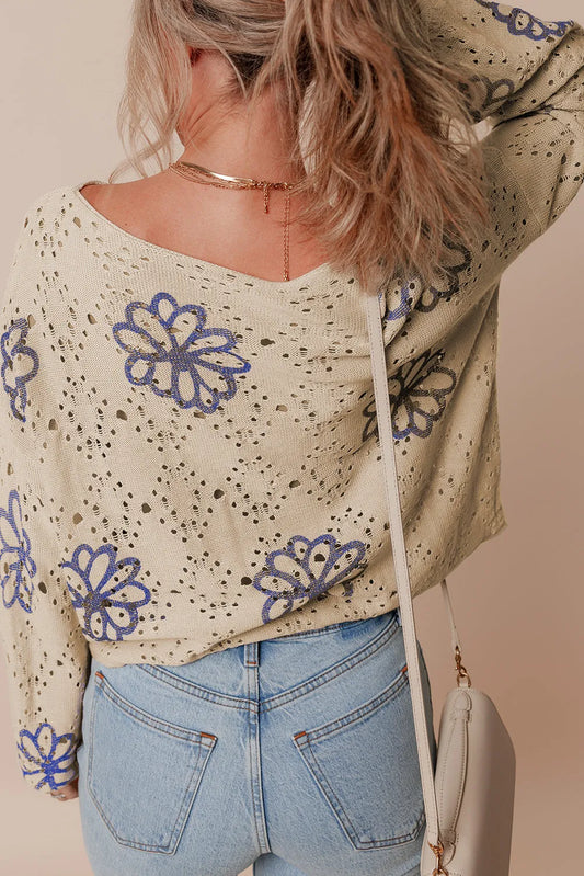 Beige Contrast Flower Print Eyelet Drop Shoulder Sweater - Chic Meadow Boutique