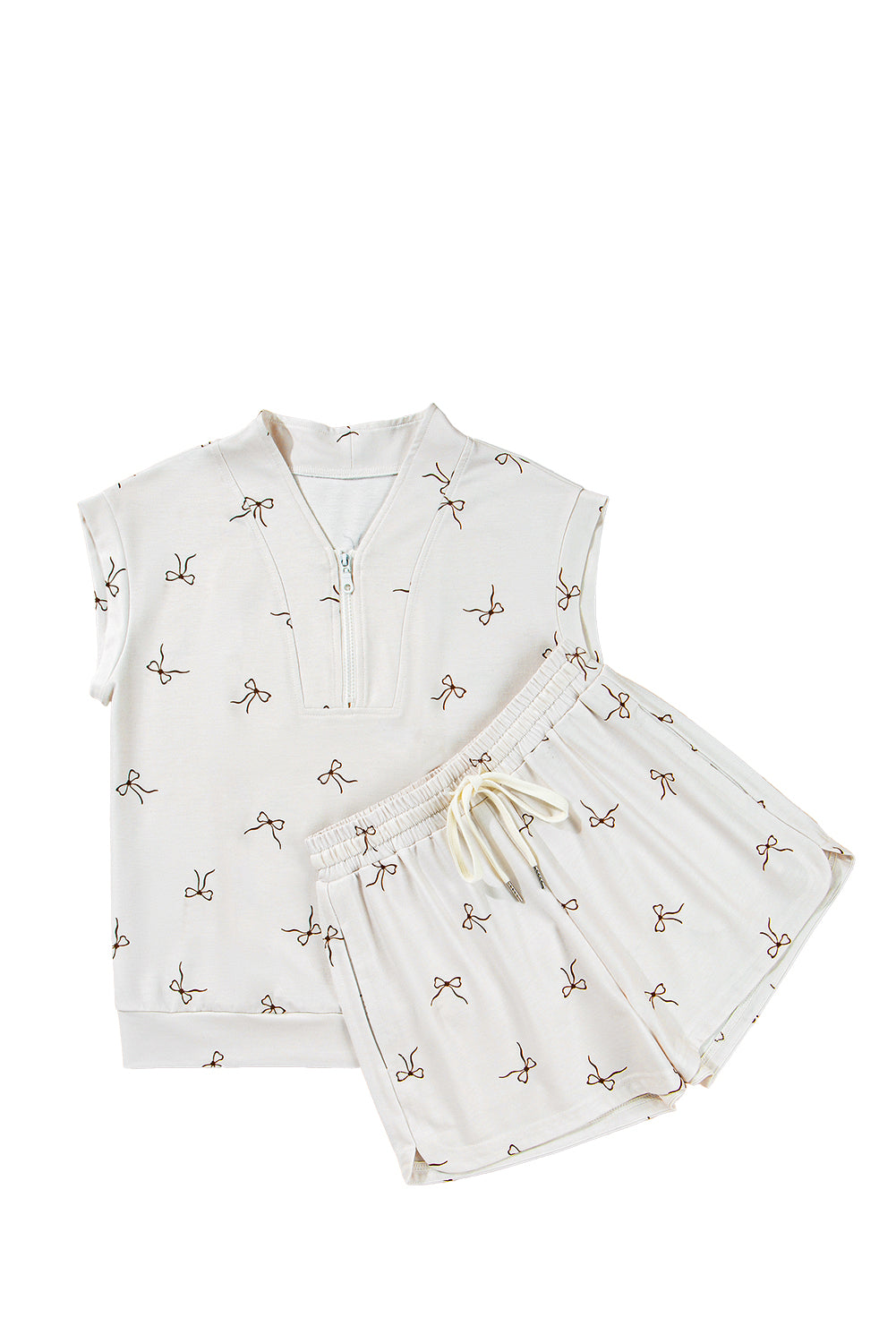 Beige Bow Print Half Zip Tank and Shorts 2pcs Set