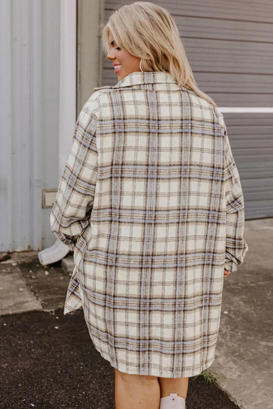 Plus Size/Plus Size Outerwear White Plaid Print Tunic Plus Size Shacket with Slits