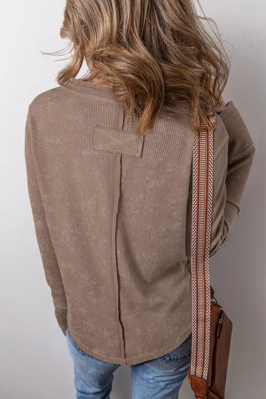 Coffee Acid Wash Waffle Knit Buttoned Neckline Long Sleeve Top - Chic Meadow Boutique