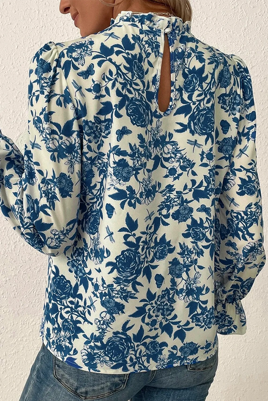 Sky Blue Floral Print Flounce Sleeve Keyhole Back Blouse - Chic Meadow Boutique