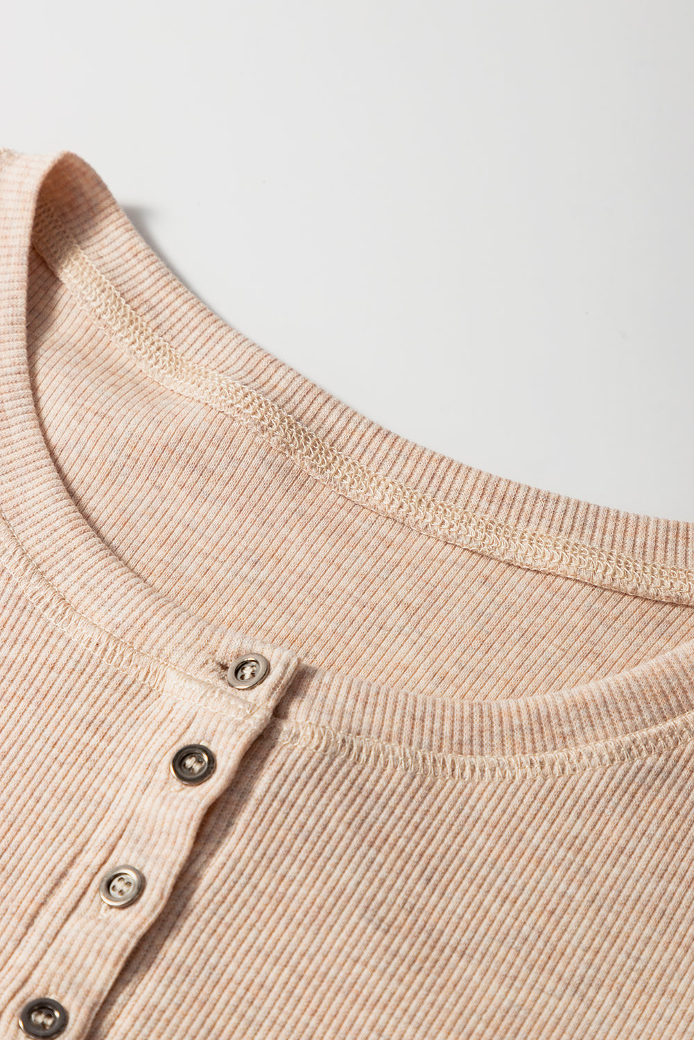 Oatmeal Short Sleeve Half Button Ribbed Knit Top