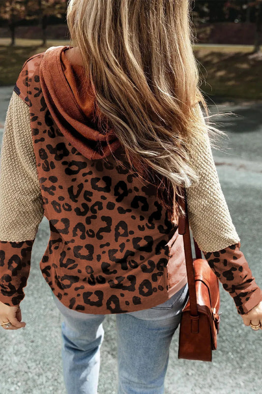 Brown Textured Knit Patchwork Leopard Hoodie - Chic Meadow Boutique