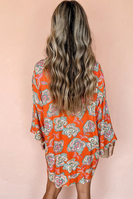 Red Floral Print Lapel Collar Loose Shirt Mini Dress - Chic Meadow Boutique