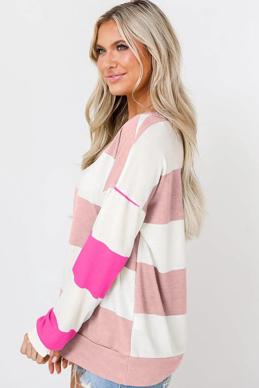 Tops/Long Sleeve Tops Light Pink Colorblock Striped Drop Shoulder Long Sleeve Top
