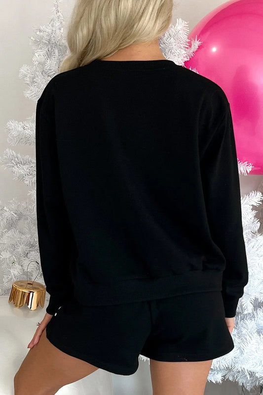 Black Sequin Merry Graphic Pullover and Shorts Outfit - Chic Meadow Boutique