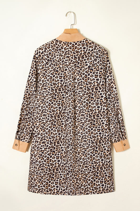 Khaki Button Striped Collar Leopard Print Long Sleeve Flared Dress