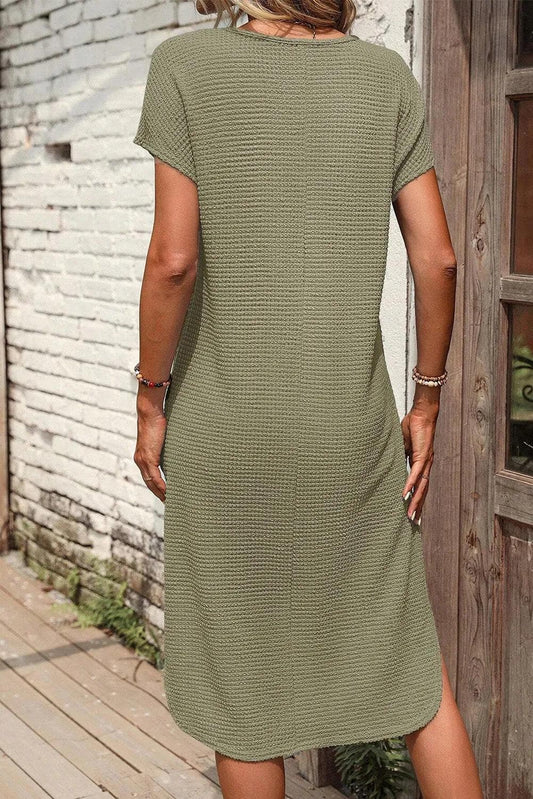 Dresses/T Shirt Dresses Jungle Green Waffle Texture Curved Hem Side Slit T-shirt Dress