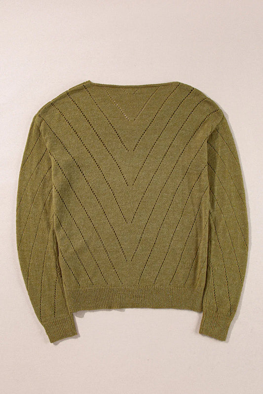 Sage Green Solid Eyelet Drop Shoulder V Neck Sweater - Chic Meadow Boutique