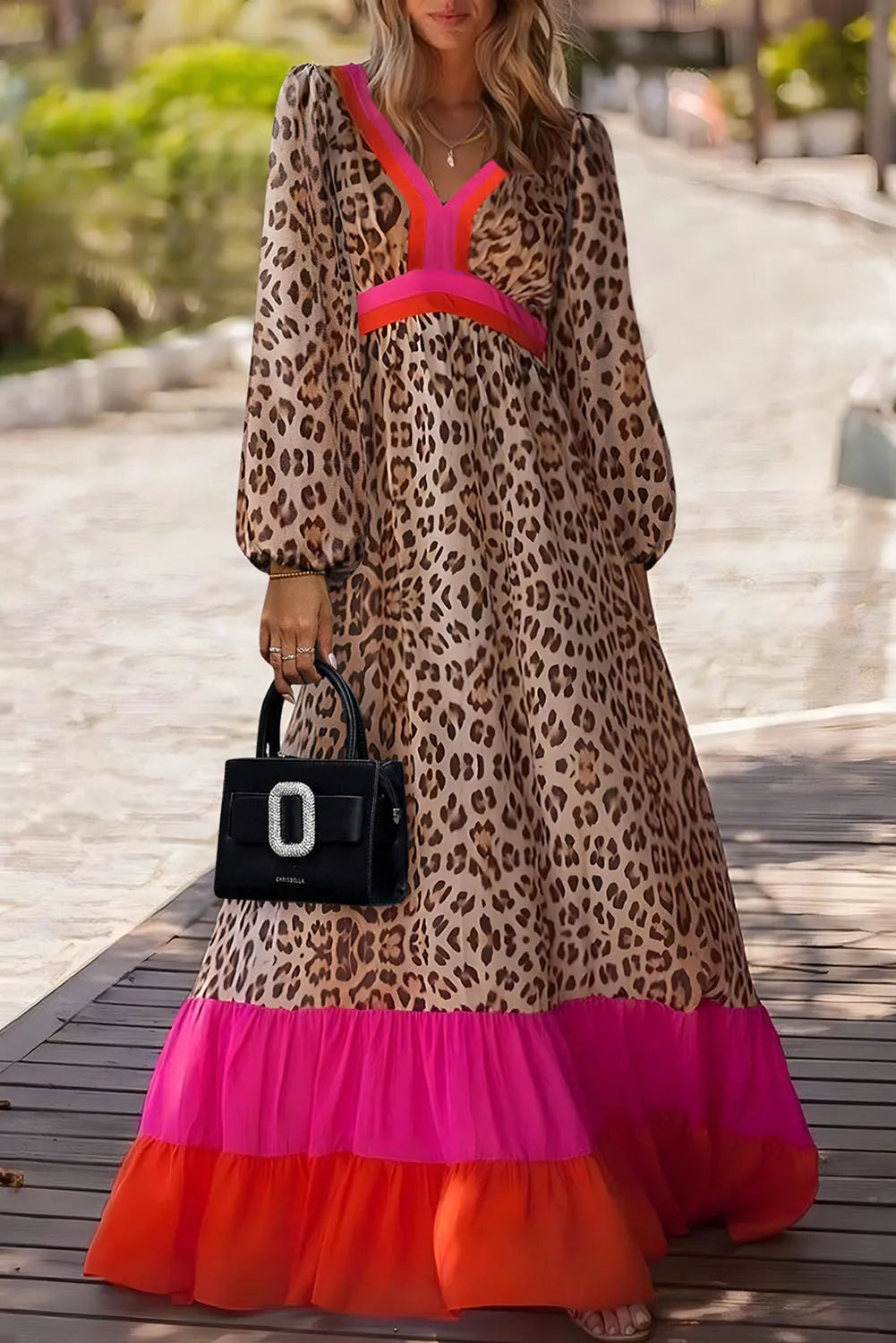 Brown Leopard Color Block V Neck Loose Fit Maxi Dress Chic Meadow Boutique Brown Leopard Color Block V Neck Loose Fit Maxi Dress Chic Meadow Boutique