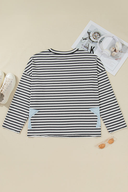 Gray Stripe Contrast Star Stitched Plus Size Long Sleeve Top