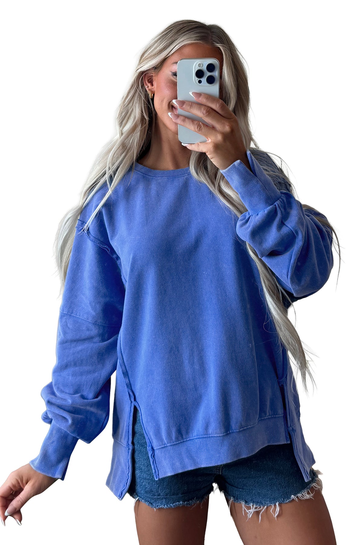 Sky Blue Mineral Wash Split Hem Loose Tunic Sweatshirt