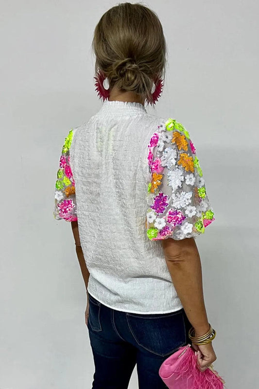 Tops/Tops & Tees White Smocked Collar Sequin Flower Puff Sleeve Textured Top
