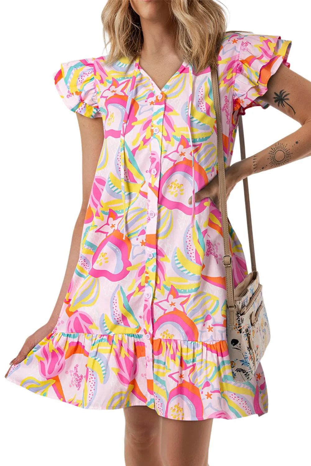 Dresses/Mini Dresses Pink Abstract Floral Ruffle Trim Flutter Sleeve Buttoned Dress