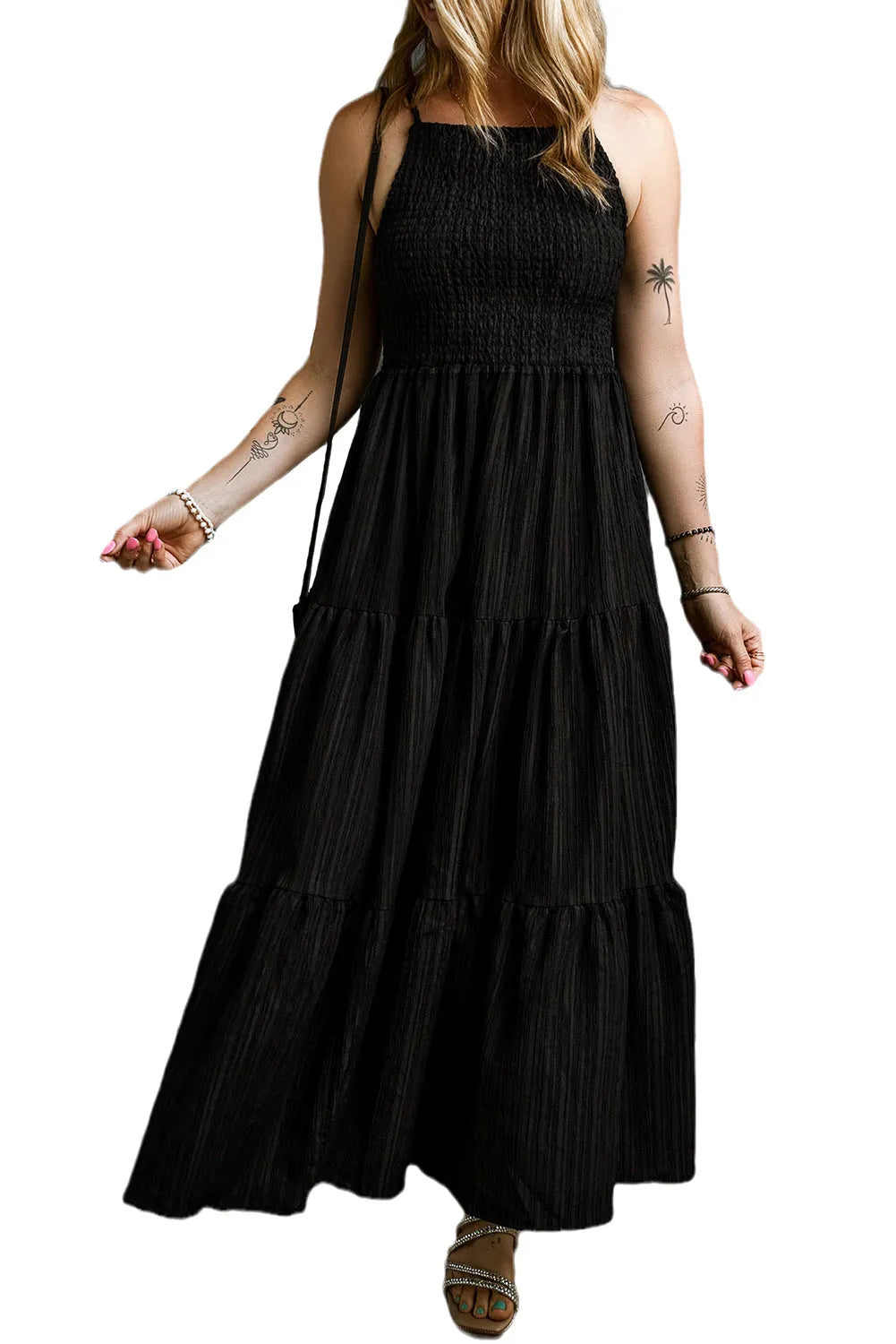 Black Spaghetti Straps Smocked Pleated Tiered Maxi Dress - Chic Meadow Boutique