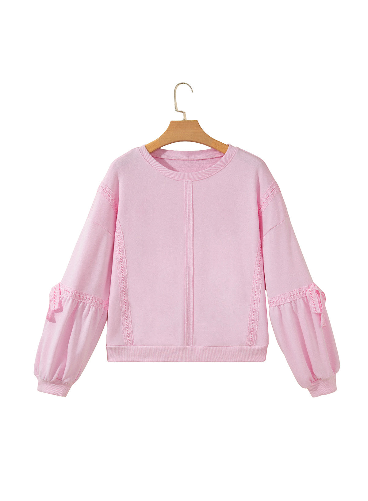 Pink Solid Color Raw Seam Lace Detail Loose Casual Sweatshirt