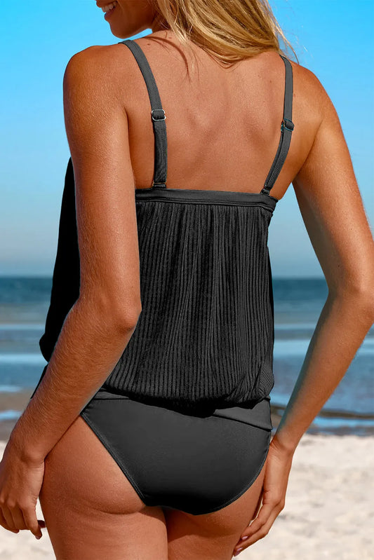 Black Striped Mesh Knotted Hem Tankini Swimsuit - Chic Meadow Boutique