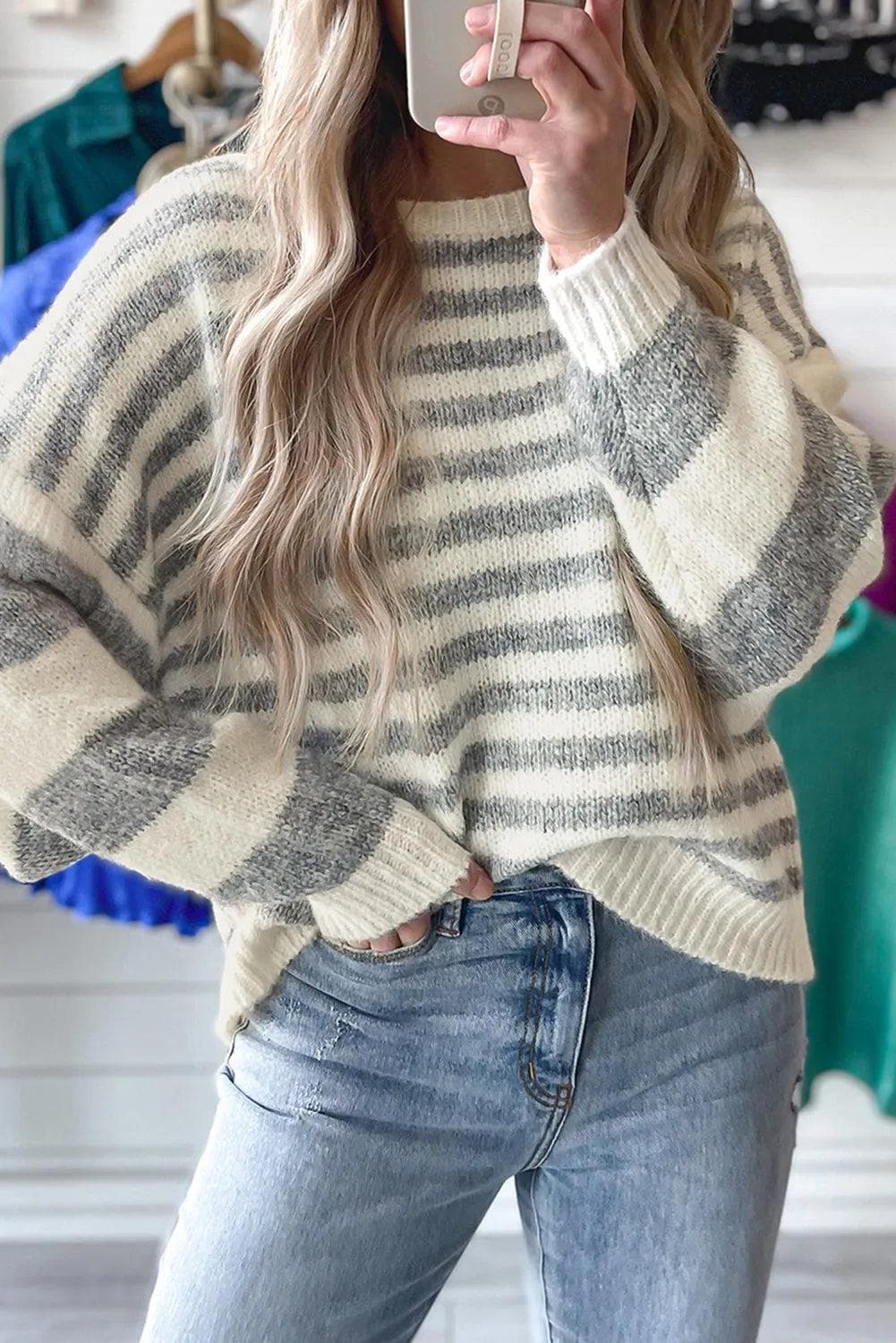 Sweaters & Cardigans/Sweaters Gray Stripe Drop Shoulder Crew Neck Sweater