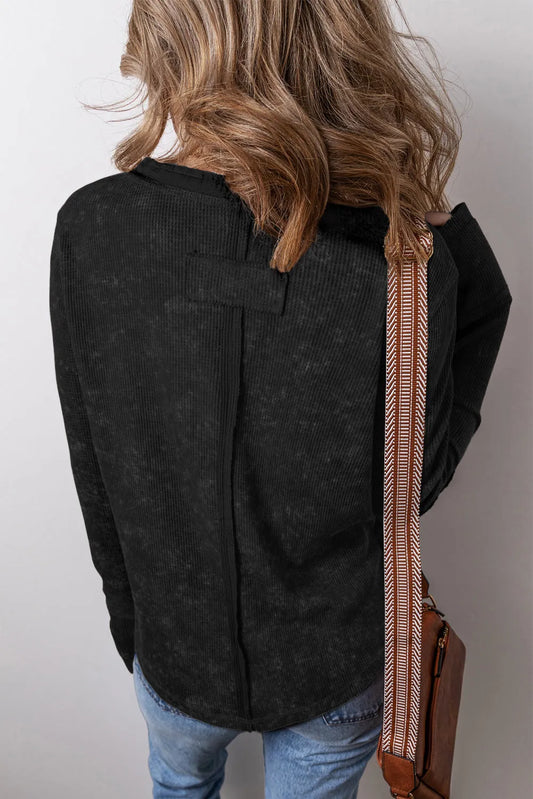Black Acid Wash Waffle Knit Buttoned Neckline Long Sleeve Top - Chic Meadow Boutique