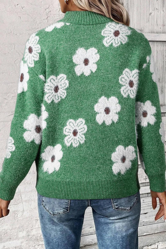 Sweaters & Cardigans/Sweaters Green Floral Pattern Half Zip Drop Shoulder Sweater