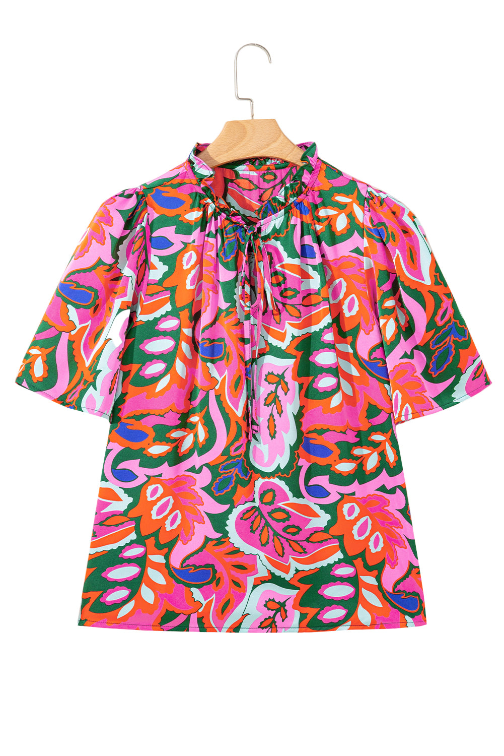 Rose Summer Plant Print Lace up V Neck Short Sleeve Blouse