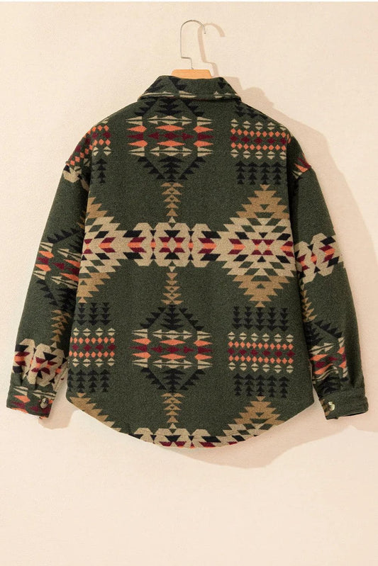 Outerwear/Jackets Green Aztec Print Flap Pockets Long Sleeve Shacket
