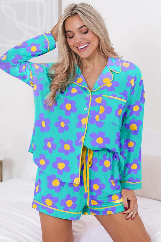 Loungewear & Sleepwear/Sleepwear Green Flower Print Long Sleeve Shirt Shorts Pajamas Set
