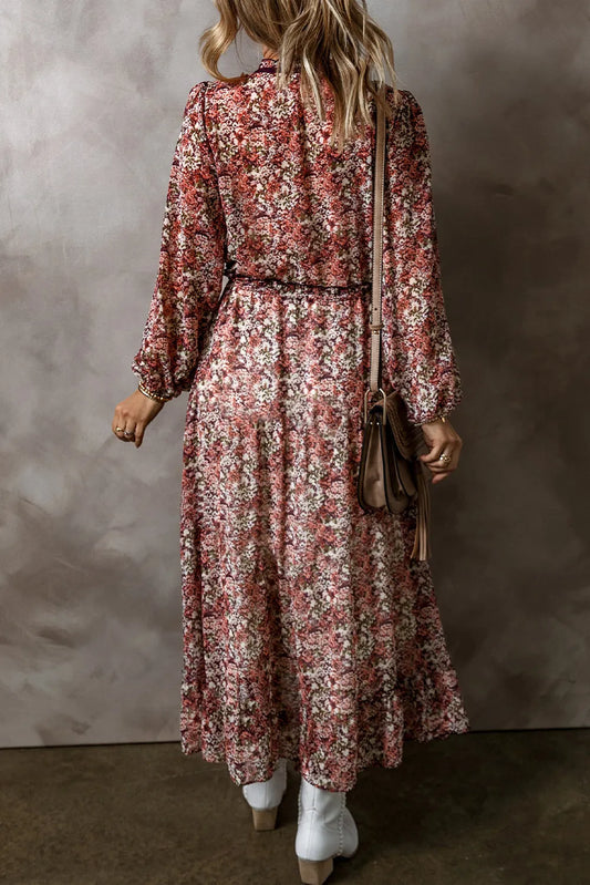 Brown Floral Print Split Front Tiered Frilled V Neck Midi Dress - Chic Meadow Boutique