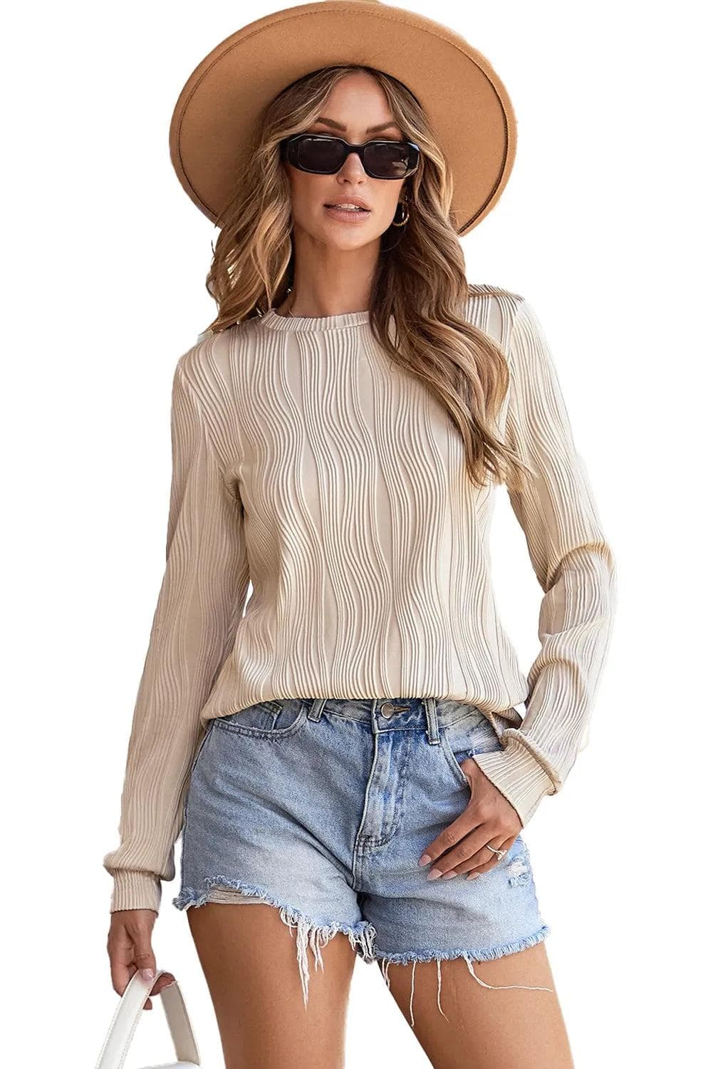 Tops/Long Sleeve Tops Apricot Textured Wavy Round Neck Long Sleeve Top