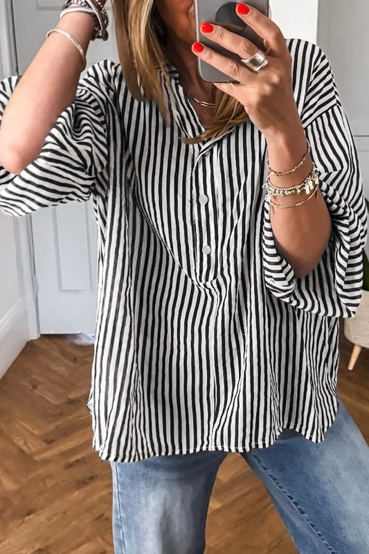 Black Striped Half Sleeve Button-Up Shirt