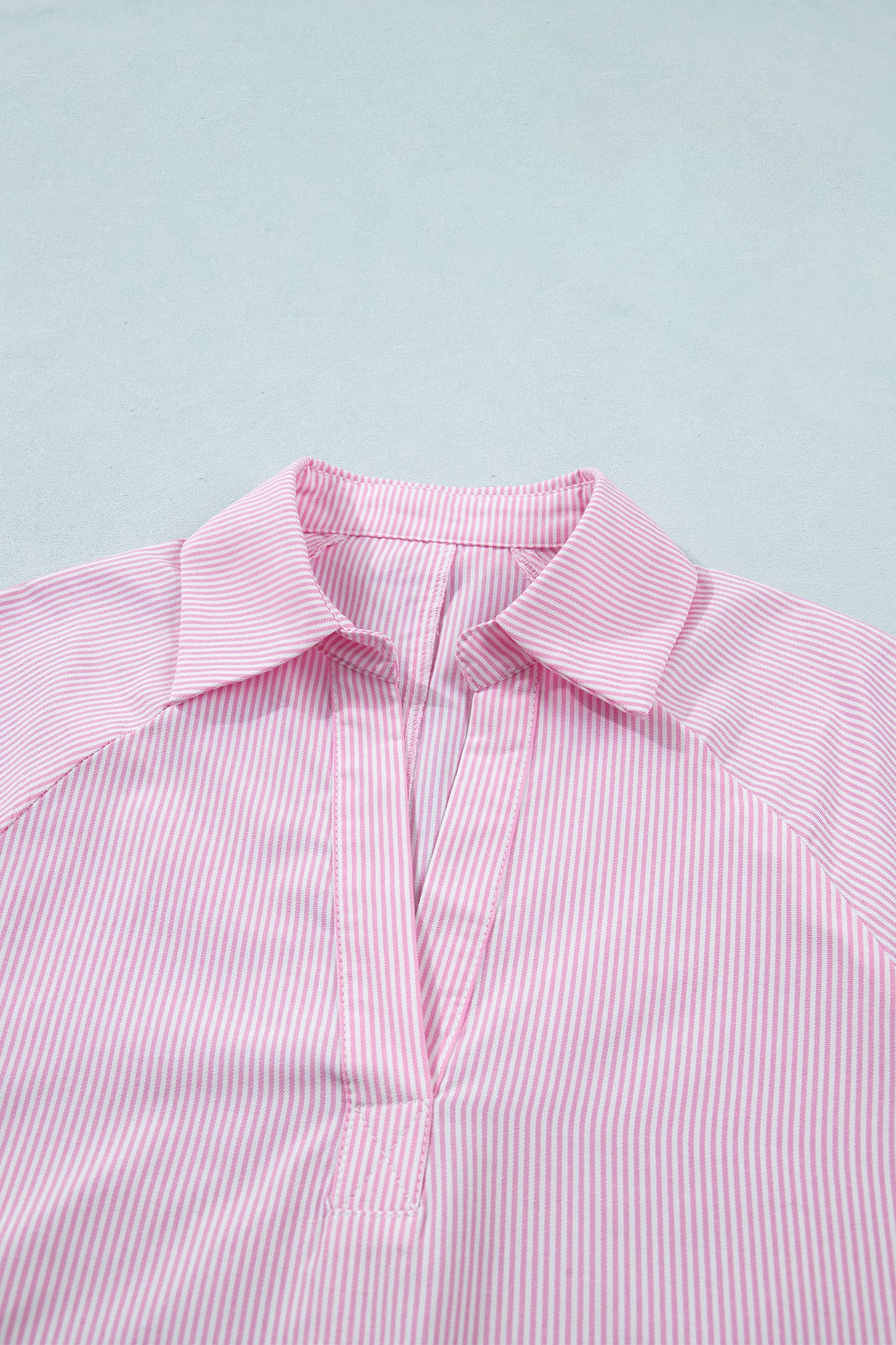 Pink Striped Print Collared Split Neck Half Sleeve Blouse
