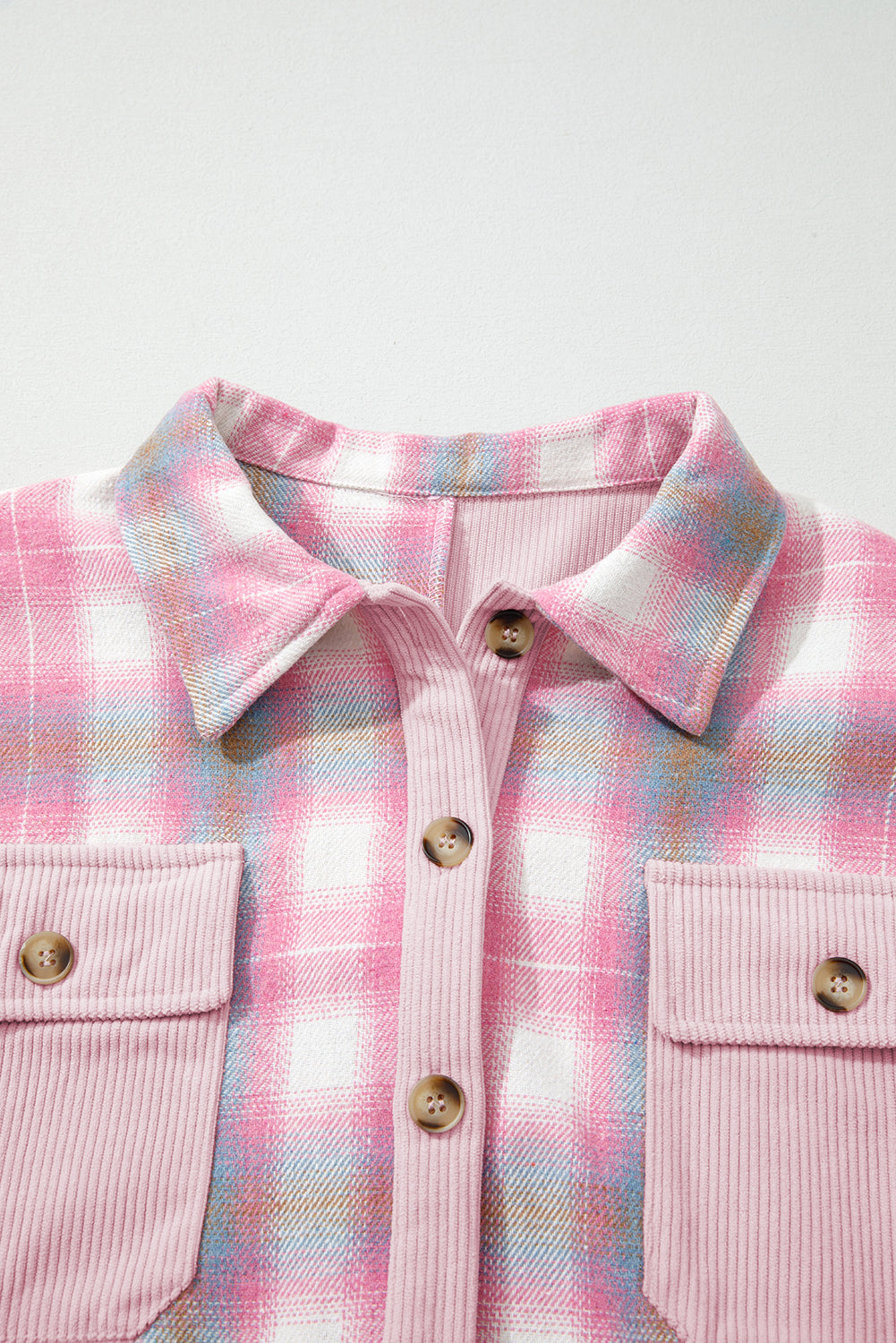 Pink Brushed Plaid Corduroy Flap Pockets Patchwork Shacket