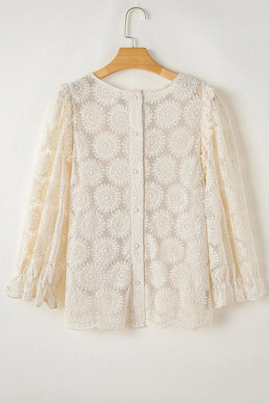 Tops/Blouses & Shirts Oatmeal Flower Jacquard Button Back Ruffled 3/4 Sleeve Blouse