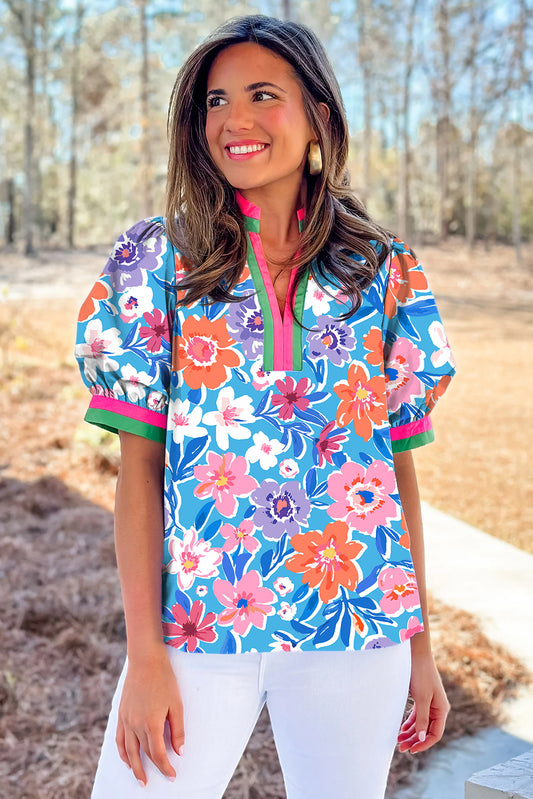 Sky Blue Floral Colorblock Edge Puff Sleeve Split Neck Blouse
