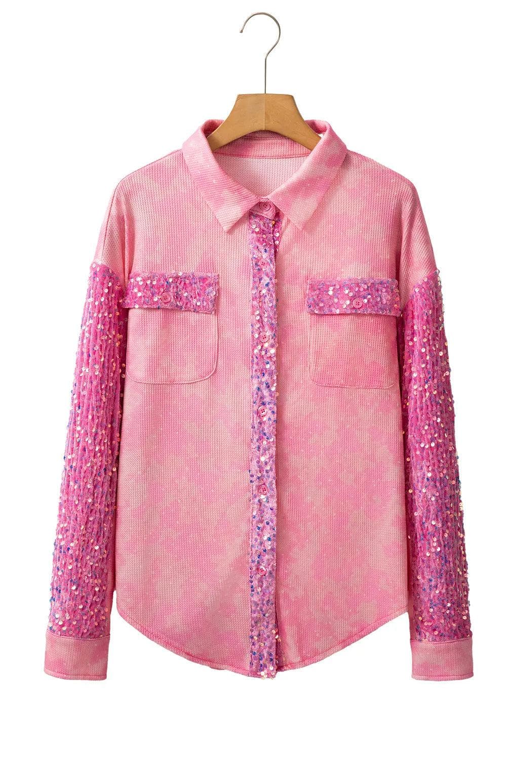 Outerwear/Jackets Apricot Pink Mineral Wash Sequin Patchwork Flap Pocket Shacket
